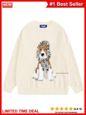 Oversized Crewneck Knit Pullover Sweater Cute Dog Graphic Streetwear Y2K